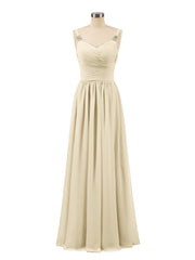Abito lungo con spalline e corpino in chiffon a pieghe Champagne