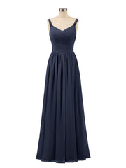 Abito lungo con spalline e corpino in chiffon a pieghe Blu Scuro