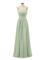 Abito lungo con spalline e corpino in chiffon a pieghe Salvia Polvere