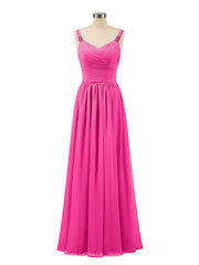 Abito lungo con spalline e corpino in chiffon a pieghe Fucsia