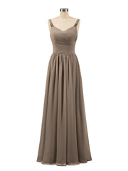 Abito lungo con spalline e corpino in chiffon a pieghe Tortora