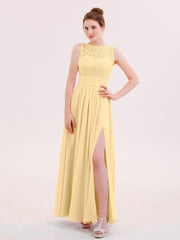 Abito in Pizzo e Chiffon Scollo Illusion con Spacco Oro