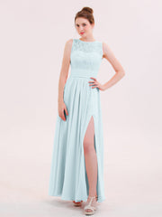 Abito in Pizzo e Chiffon Scollo Illusion con Spacco Nebbia