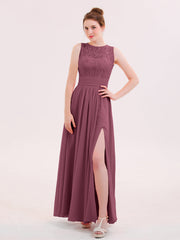 Abito in Pizzo e Chiffon Scollo Illusion con Spacco Gelso