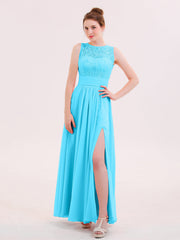 Abito in Pizzo e Chiffon Scollo Illusion con Spacco Blu Piscina