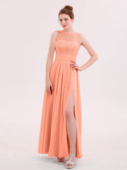 Abito in Pizzo e Chiffon Scollo Illusion con Spacco Tramonto