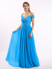 Abito in chiffon con corpetto in pizzo e maniche a cuffia Blu Oceano