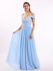Abito in chiffon con corpetto in pizzo e maniche a cuffia Blu Cielo