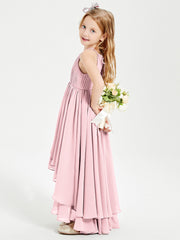 Abiti Damigella Junior In Chiffon Gonna Asimmetrica A Cascata Rosa Cipria