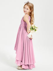 Abiti Damigella Junior In Chiffon Gonna Asimmetrica A Cascata Rosa Bonbon
