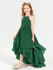 Abiti Damigella Junior In Chiffon Gonna Asimmetrica A Cascata Verde Scuro