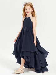 Abiti Damigella Junior In Chiffon Gonna Asimmetrica A Cascata Blu Scuro