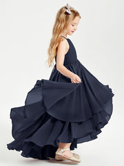 Abiti Damigella Junior In Chiffon Gonna Asimmetrica A Cascata Blu Scuro