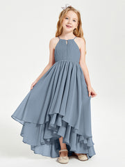 Abiti Damigella Junior In Chiffon Gonna Asimmetrica A Cascata Azzurro Polvere