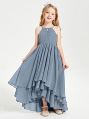 Abiti Damigella Junior In Chiffon Gonna Asimmetrica A Cascata Azzurro Polvere