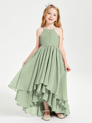 Abiti Damigella Junior In Chiffon Gonna Asimmetrica A Cascata Salvia Polvere