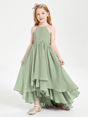 Abiti Damigella Junior In Chiffon Gonna Asimmetrica A Cascata Salvia Polvere
