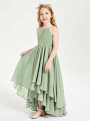 Abiti Damigella Junior In Chiffon Gonna Asimmetrica A Cascata Salvia Polvere