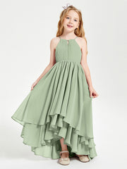 Abiti Damigella Junior In Chiffon Gonna Asimmetrica A Cascata Salvia Polvere