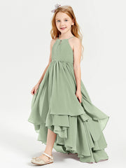 Abiti Damigella Junior In Chiffon Gonna Asimmetrica A Cascata Salvia Polvere