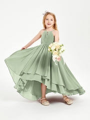 Abiti Damigella Junior In Chiffon Gonna Asimmetrica A Cascata Salvia Polvere
