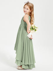 Abiti Damigella Junior In Chiffon Gonna Asimmetrica A Cascata Salvia Polvere