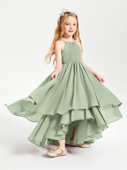 Abiti Damigella Junior In Chiffon Gonna Asimmetrica A Cascata Salvia Polvere