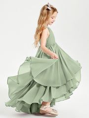 Abiti Damigella Junior In Chiffon Gonna Asimmetrica A Cascata Salvia Polvere