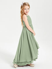 Abiti Damigella Junior In Chiffon Gonna Asimmetrica A Cascata Salvia Polvere
