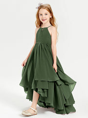 Abiti Damigella Junior In Chiffon Gonna Asimmetrica A Cascata Verde Oliva