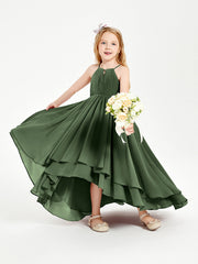 Abiti Damigella Junior In Chiffon Gonna Asimmetrica A Cascata Verde Oliva