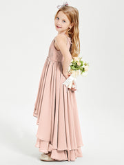 Abiti Damigella Junior In Chiffon Gonna Asimmetrica A Cascata Rosa Perlato