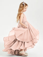 Abiti Damigella Junior In Chiffon Gonna Asimmetrica A Cascata Rosa Perlato