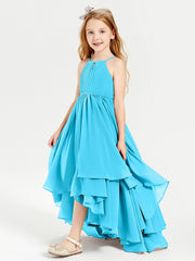 Abiti Damigella Junior In Chiffon Gonna Asimmetrica A Cascata Blu Piscina
