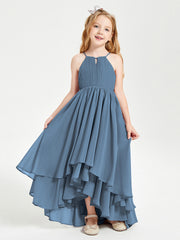 Abiti Damigella Junior In Chiffon Gonna Asimmetrica A Cascata Blu Ardesia