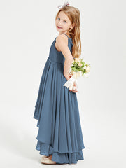 Abiti Damigella Junior In Chiffon Gonna Asimmetrica A Cascata Blu Ardesia