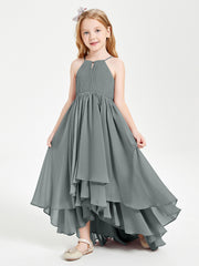 Abiti Damigella Junior In Chiffon Gonna Asimmetrica A Cascata Grigio Acciaio