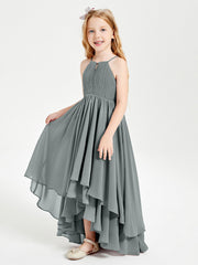 Abiti Damigella Junior In Chiffon Gonna Asimmetrica A Cascata Grigio Acciaio