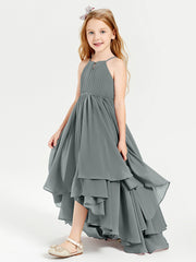 Abiti Damigella Junior In Chiffon Gonna Asimmetrica A Cascata Grigio Acciaio