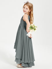 Abiti Damigella Junior In Chiffon Gonna Asimmetrica A Cascata Grigio Acciaio