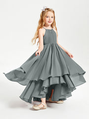 Abiti Damigella Junior In Chiffon Gonna Asimmetrica A Cascata Grigio Acciaio