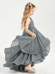 Abiti Damigella Junior In Chiffon Gonna Asimmetrica A Cascata Grigio Acciaio