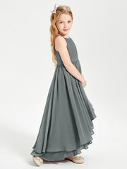 Abiti Damigella Junior In Chiffon Gonna Asimmetrica A Cascata Grigio Acciaio