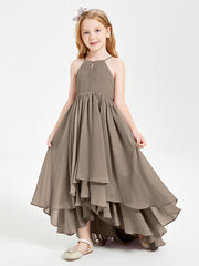 Abiti Damigella Junior In Chiffon Gonna Asimmetrica A Cascata Tortora