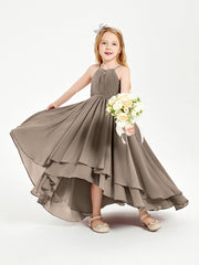 Abiti Damigella Junior In Chiffon Gonna Asimmetrica A Cascata Tortora