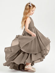 Abiti Damigella Junior In Chiffon Gonna Asimmetrica A Cascata Tortora