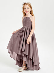 Abiti Damigella Junior In Chiffon Gonna Asimmetrica A Cascata Malva Vintage