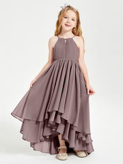 Abiti Damigella Junior In Chiffon Gonna Asimmetrica A Cascata Malva Vintage