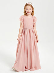 Abiti Damigella Junior In Chiffon Pizzo Maniche A Farfalla Scollo Rotondo Rosa Polvere