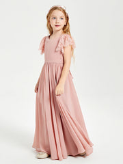 Abiti Damigella Junior In Chiffon Pizzo Maniche A Farfalla Scollo Rotondo Rosa Polvere